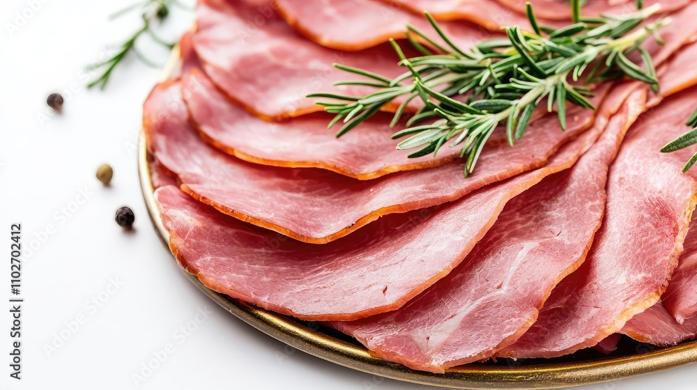 Sliced cured meat with aromatic rosemary on a white isolate background. Sliced cured meat with aromatic rosemary on a white isolate background.