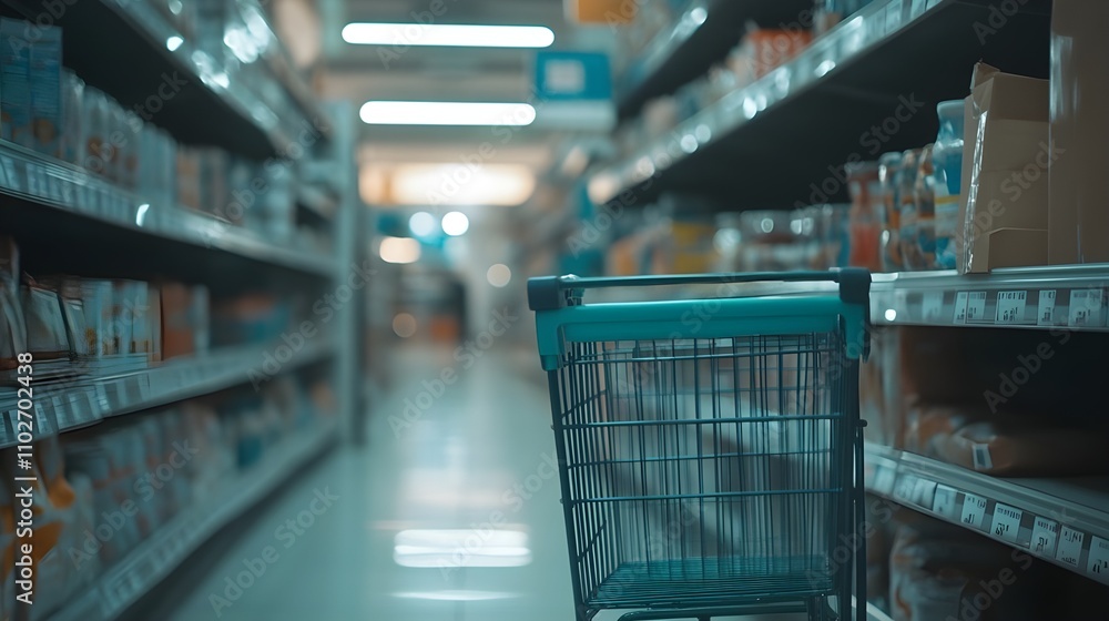 Blurred Supermarket Shelves with Green Shopping Cart. Blurred Supermarket Shelves with Green Shopping Cart.