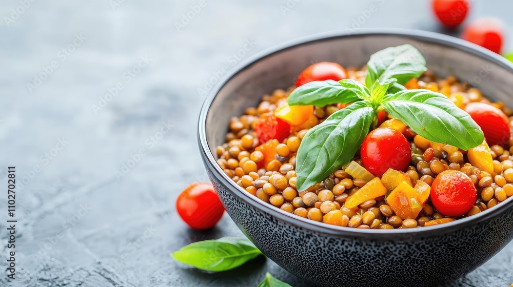 Healthy bowl of lentils with tomatoes and basil on a textured background Healthy bowl of lentils with tomatoes and basil on a textured background