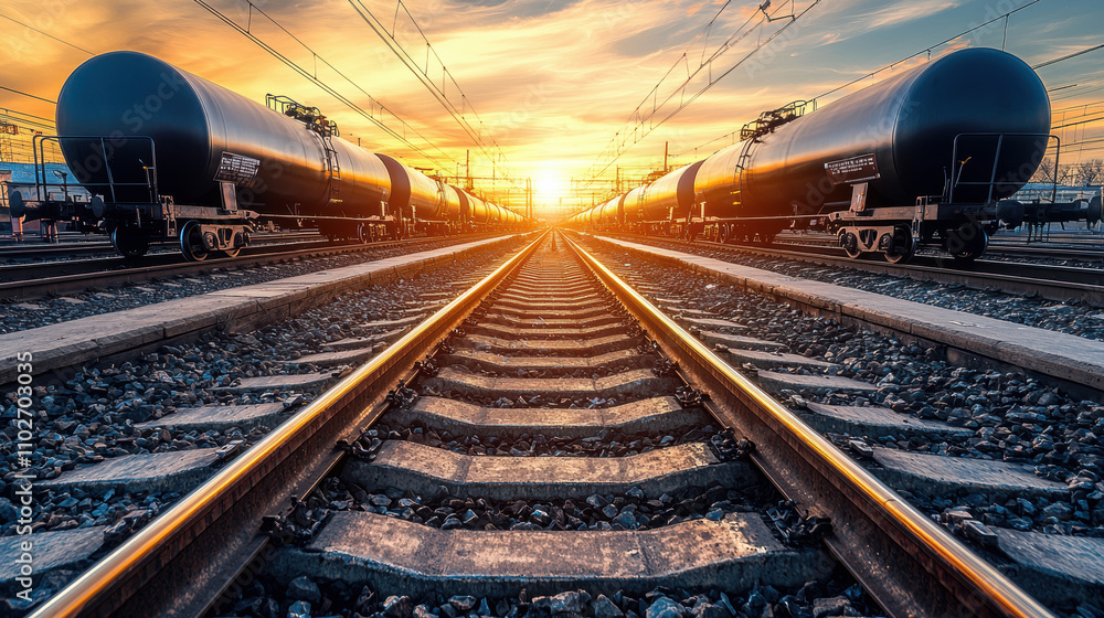 Obraz premium High resolution image of industrial black tanker cars on railway tracks at sunset, showcasing vibrant sky and reflective rails