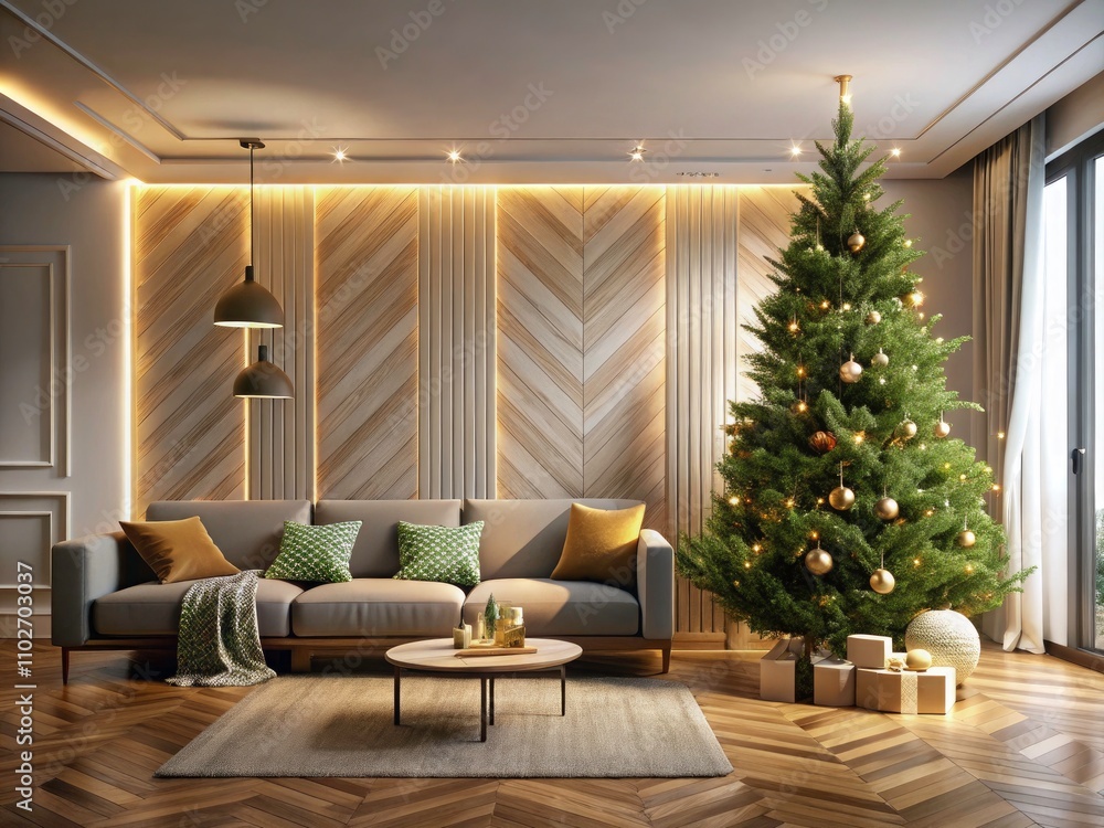 Cozy Christmas Living Room: Long Exposure Interior Design with Luxury Wall Pattern & Wood Floor Cozy Christmas Living Room: Long Exposure Interior Design with Luxury Wall Pattern & Wood Floor