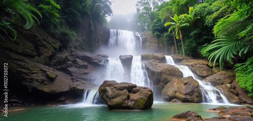 A misty veil rises from the enchanting waterfalls of Ruacana, cascading over rugged, moss-covered rocks into tranquil, emerald-green pools. The surrounding wilderness remains untouched. photo