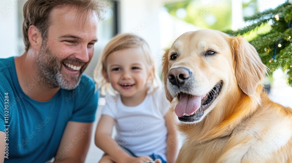 A smiling father and his child enjoy a joyful moment with their friendly golden retriever, reflecting love, companionship, and the essence of family during festive times. A smiling father and his child enjoy a joyful moment with their friendly golden retriever, reflecting love, companionship, and the essence of family during festive times.
