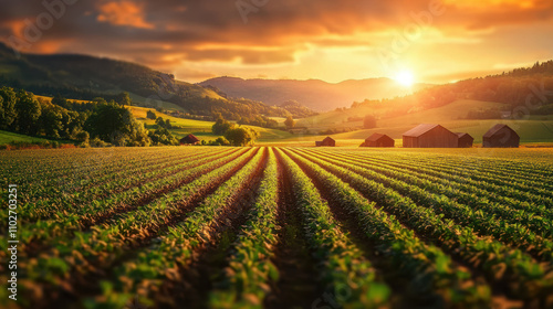 beautiful farming valley at sunset, showcasing lush green fields and rustic barns. warm light creates serene atmosphere, perfect for agriculture