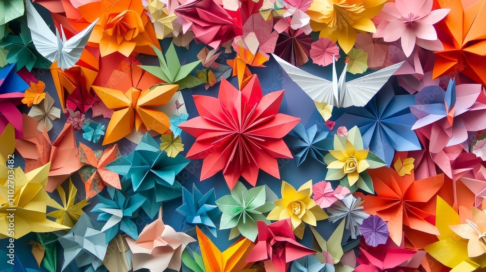 A vibrant display of origami creations made from colorful paper, including cranes, flowers, and geometric shapes. A vibrant display of origami creations made from colorful paper, including cranes, flowers, and geometric shapes.