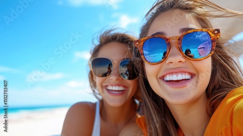 Two friends dressed in casual summer wear laugh delightfully into the camera, with a sunny beach and bright blue sky in the background, capturing a joyful moment.