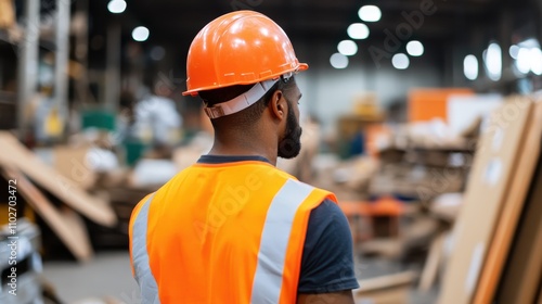 A construction worker wearing a reflective orange safety vest and helmet stands in a bustling warehouse environment, showcasing industry and focused diligence. photo