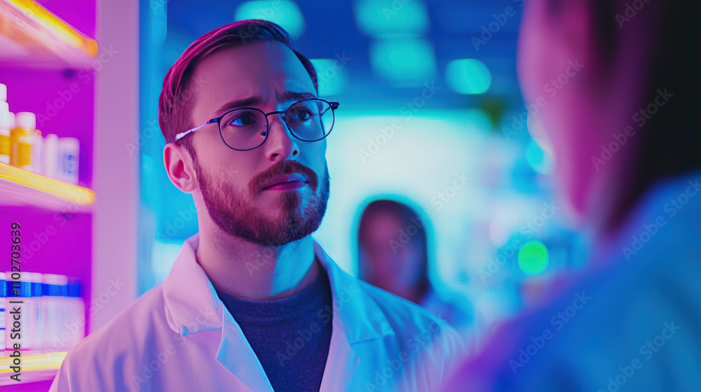Fototapeta premium focused pharmacist in modern pharmacy, engaged in conversation with patient. vibrant lighting creates dynamic atmosphere, highlighting professionalism and care in healthcare environment