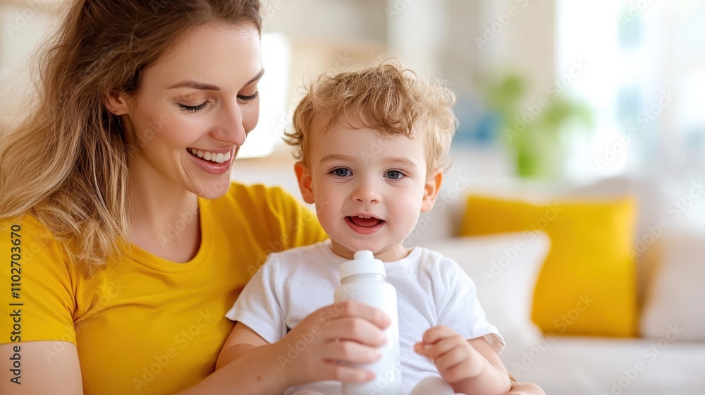 A mother and toddler share a moment on a sun-kissed couch, as the child examines a white bottle. Their laughter lights up the warm interior living space. A mother and toddler share a moment on a sun-kissed couch, as the child examines a white bottle. Their laughter lights up the warm interior living space.