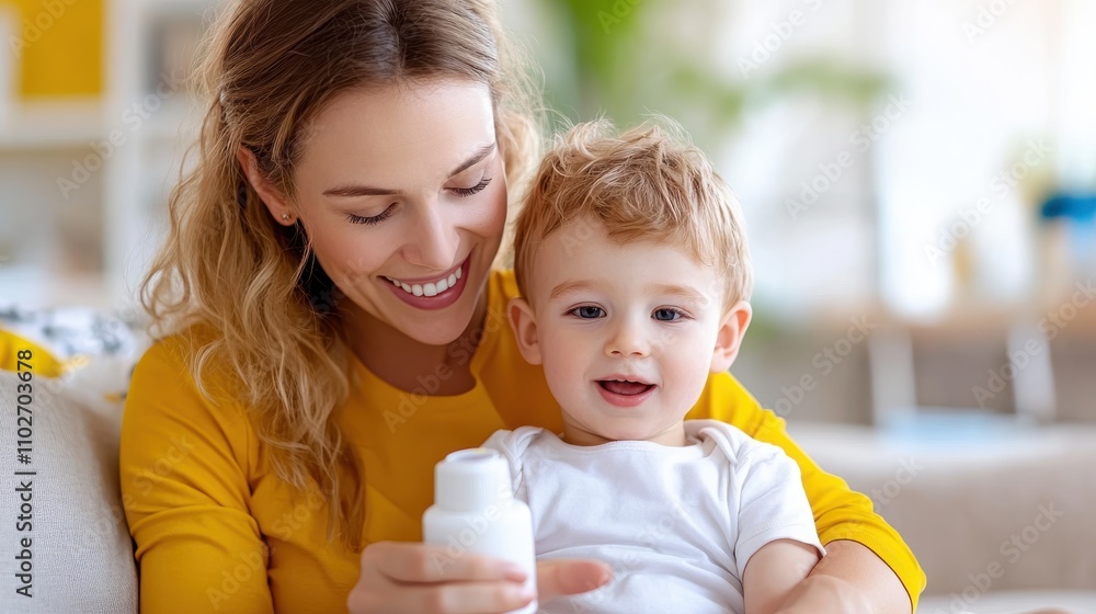A cheerful mother holds her toddler clad in white as they engage happily with a small white bottle, set in a warmly lit and vibrant living space. A cheerful mother holds her toddler clad in white as they engage happily with a small white bottle, set in a warmly lit and vibrant living space.