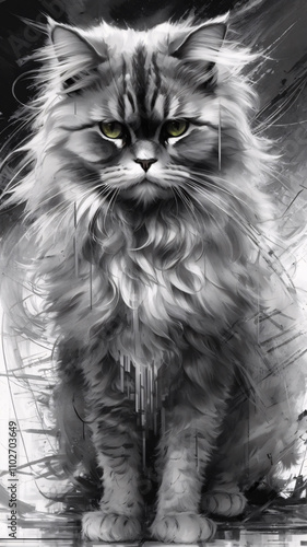 Beautiful White Persian Cat Painting with Bold Brush Strokes and Fluid Splash Design