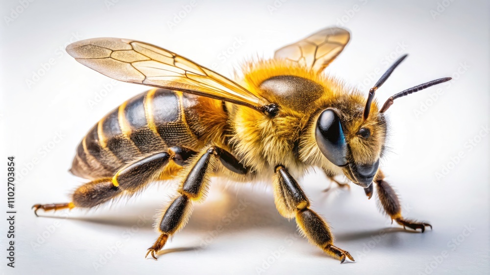 Drone Photography Bee White Background, Closeup Macro Insect Honeybee, High-Resolution Image, Studio Shot Drone Photography Bee White Background, Closeup Macro Insect Honeybee, High-Resolution Image, Studio Shot