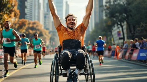 A man in a wheelchair is smiling and pointing to the sky