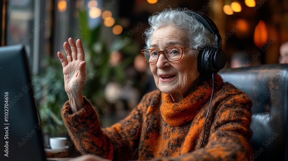 Obraz premium Here's a description following your specificationsSenior woman video chatting, smiling, waving.