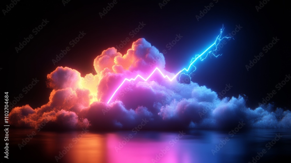 Neon Lightning Bolt and Colorful Clouds in Abstract Minimalist Background Neon Lightning Bolt and Colorful Clouds in Abstract Minimalist Background
