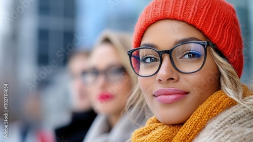 A fashion-forward woman with glasses wears a red hat and orange scarf, exuding style and sophistication in a bustling urban winter scene with blurred figures.