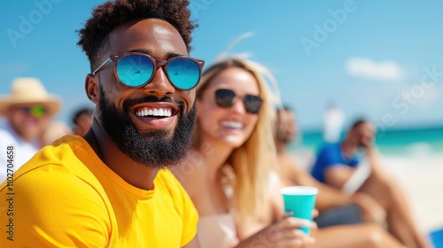 A joyous group of friends sits together on a sunny beach, with a man in a bright yellow shirt smiling warmly, capturing a lively and fun-filled moment by the coast. photo