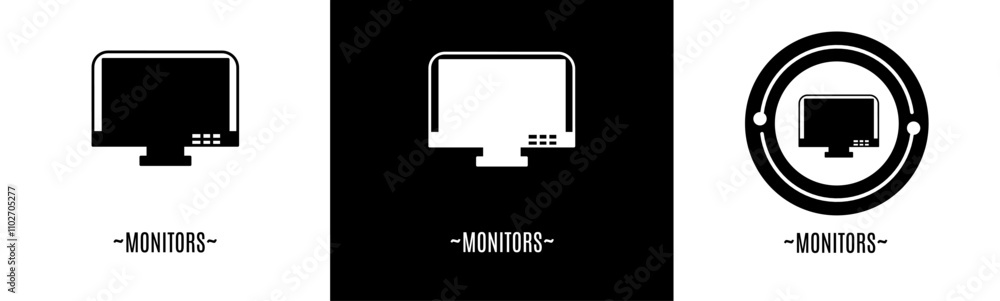Monitors logo set. Collection of black and white logos. Stock vector. Monitors logo set. Collection of black and white logos. Stock vector.