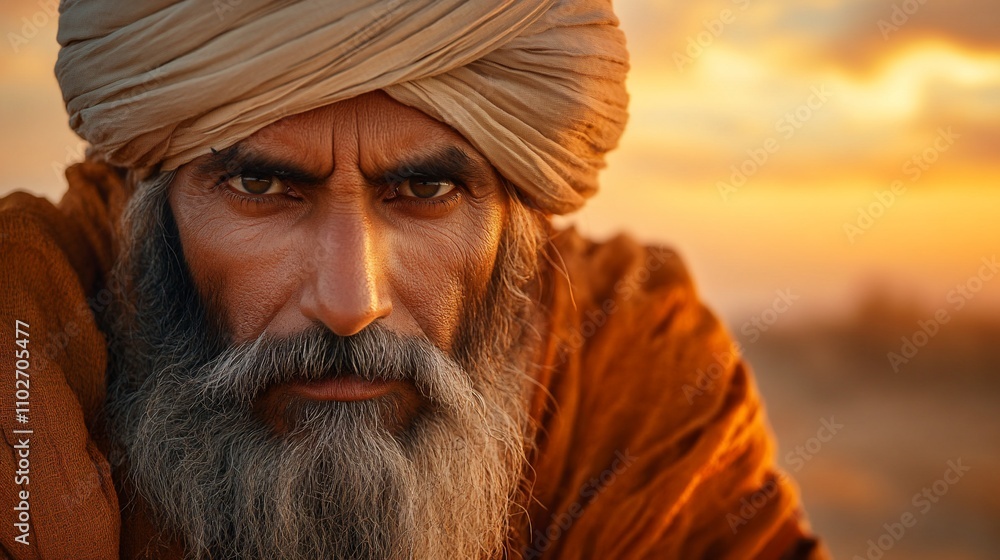 Close-up portrait of a senior man with turban, intense gaze, sunset backdrop. Close-up portrait of a senior man with turban, intense gaze, sunset backdrop.