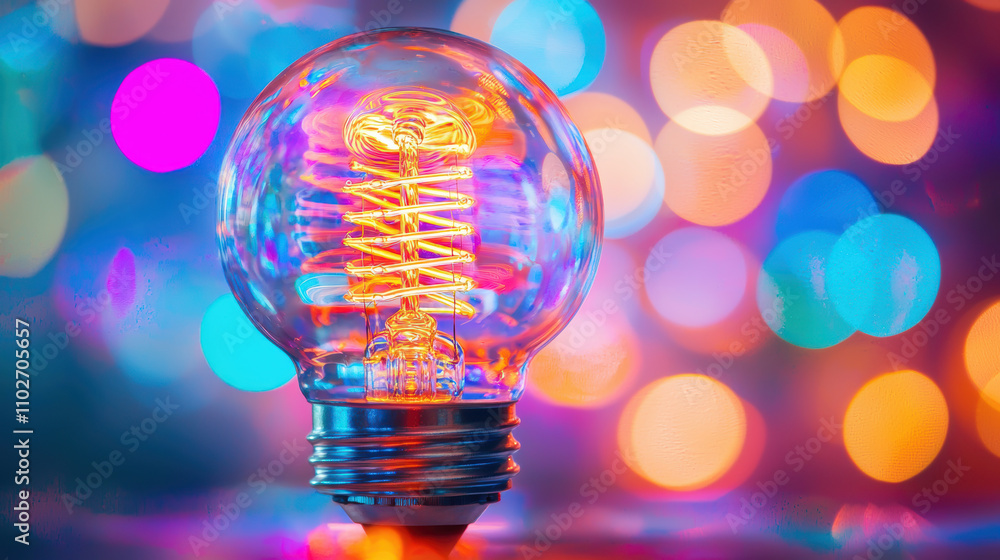 high resolution macro shot of glowing filament light bulb with colorful bokeh in background, creating vibrant and warm atmosphere high resolution macro shot of glowing filament light bulb with colorful bokeh in background, creating vibrant and warm atmosphere