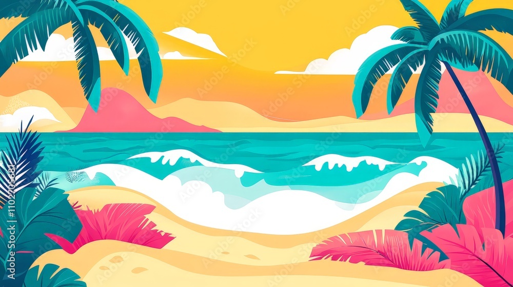 Obraz premium A vibrant vector graphic of a tropical beach scene, with palm trees, sand, and ocean waves. The design uses bright colors and playful elements to create a cheerful and inviting atmosphere.