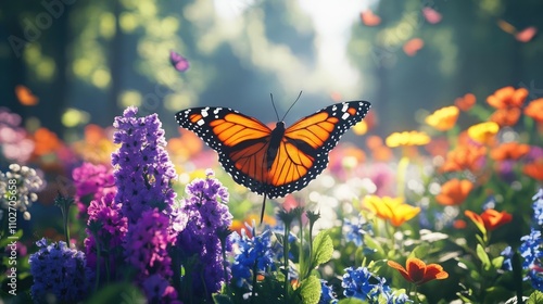 A butterfly garden, filled with colorful flowers and fluttering butterflies photo