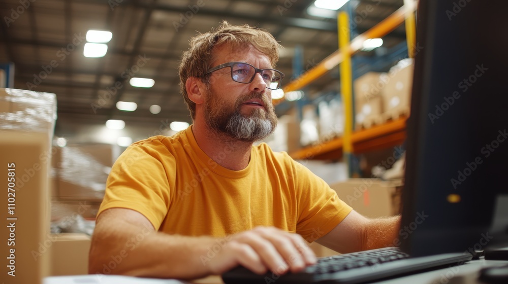 A bearded warehouse manager wearing glasses is typing at a computer terminal, exemplifying the attention to detail required in inventory management. A bearded warehouse manager wearing glasses is typing at a computer terminal, exemplifying the attention to detail required in inventory management.