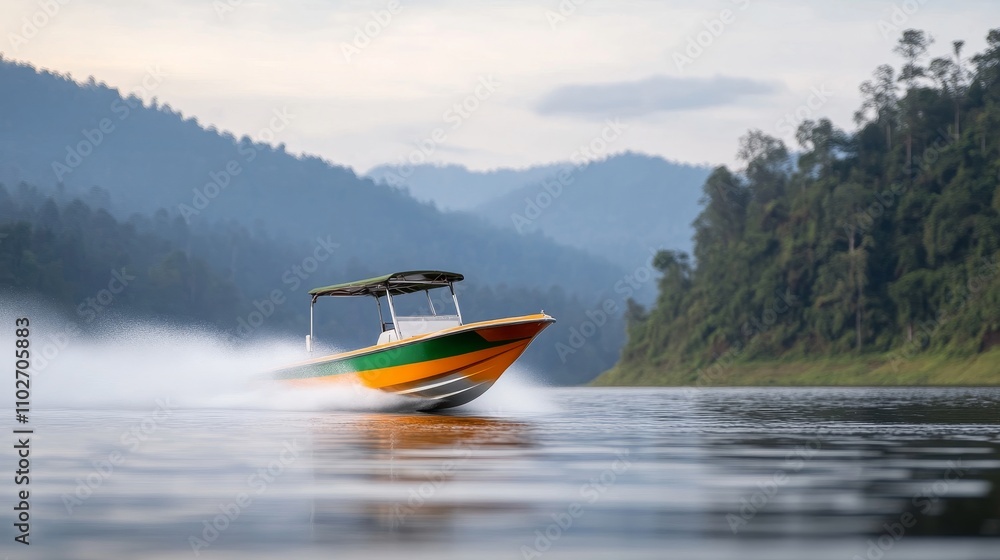 Fototapeta premium Speeding Boat on Serene Lake with Mountain View