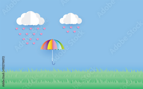 beautiful umbrella , paper art style, heart in the sky