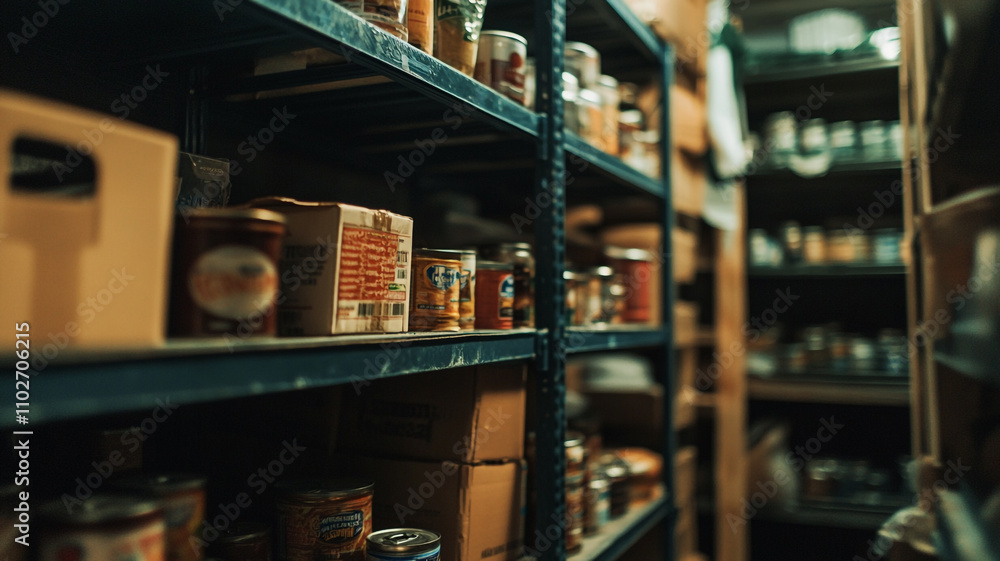 Shelves filled with canned goods in a community food pantry during busy distribution hours Shelves filled with canned goods in a community food pantry during busy distribution hours