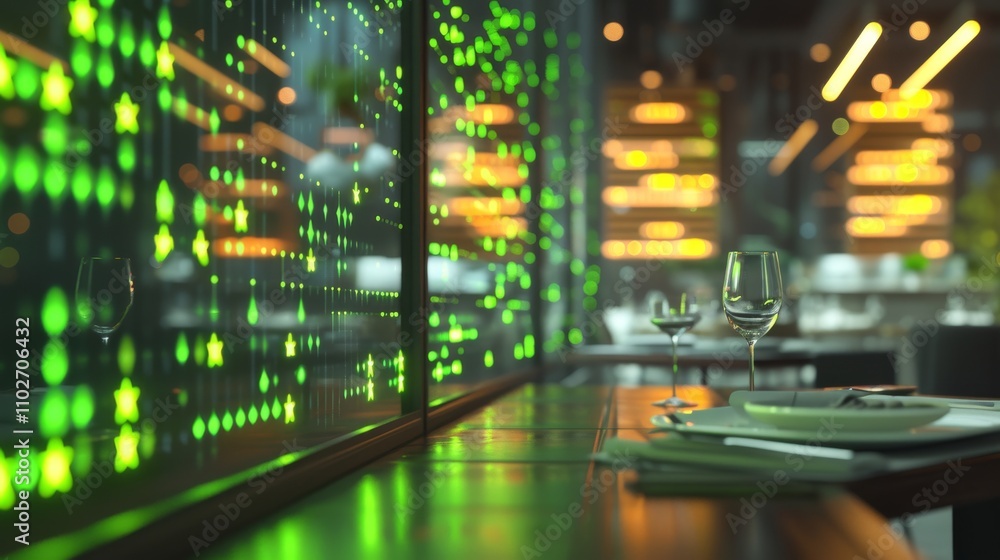 A chic restaurant scene featuring green star-shaped lights reflecting on glass surfaces, creating a stylish and sophisticated atmosphere with a soft, warm glow. AI generated. A chic restaurant scene featuring green star-shaped lights reflecting on glass surfaces, creating a stylish and sophisticated atmosphere with a soft, warm glow. AI generated.