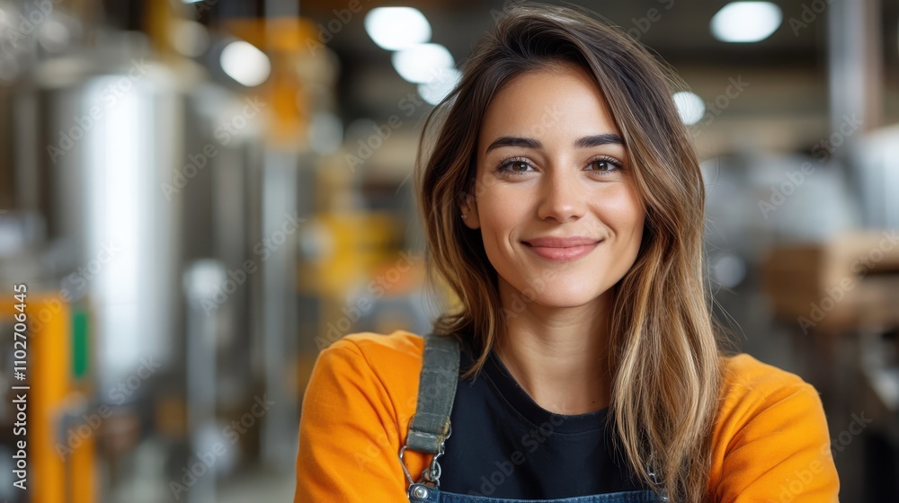 A young woman with long hair smiling confidently wearing overalls, standing in an industrial environment surrounded by machinery, symbolizing empowerment and joy. A young woman with long hair smiling confidently wearing overalls, standing in an industrial environment surrounded by machinery, symbolizing empowerment and joy.