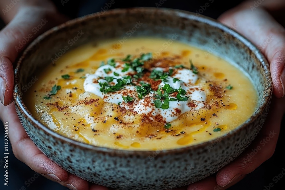 Pumpkin soup garnished with cream and spices, a delightful autumn dish. Pumpkin soup garnished with cream and spices, a delightful autumn dish.