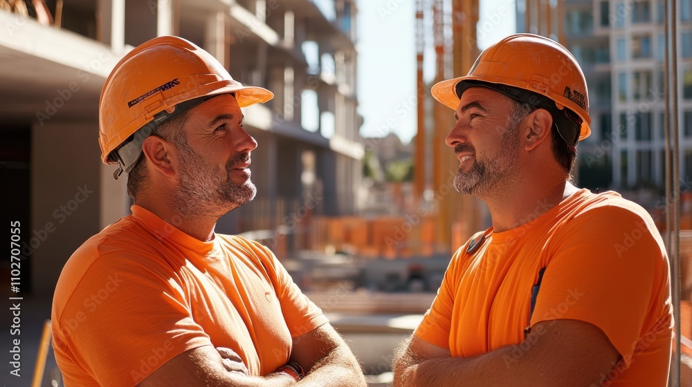 Two construction workers stand facing each other in conversation on an urban construction site, both wearing orange shirts and helmets under the bright sun. Two construction workers stand facing each other in conversation on an urban construction site, both wearing orange shirts and helmets under the bright sun.