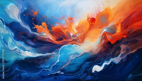 Abstract Fluid Art: A mesmerizing blend of blue, orange, and white creates a dynamic, energetic composition.