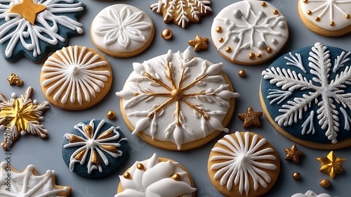 Elegant Gold & Blue Snowflake Sugar Cookies: A Festive Christmas Baking Treat AI Generated