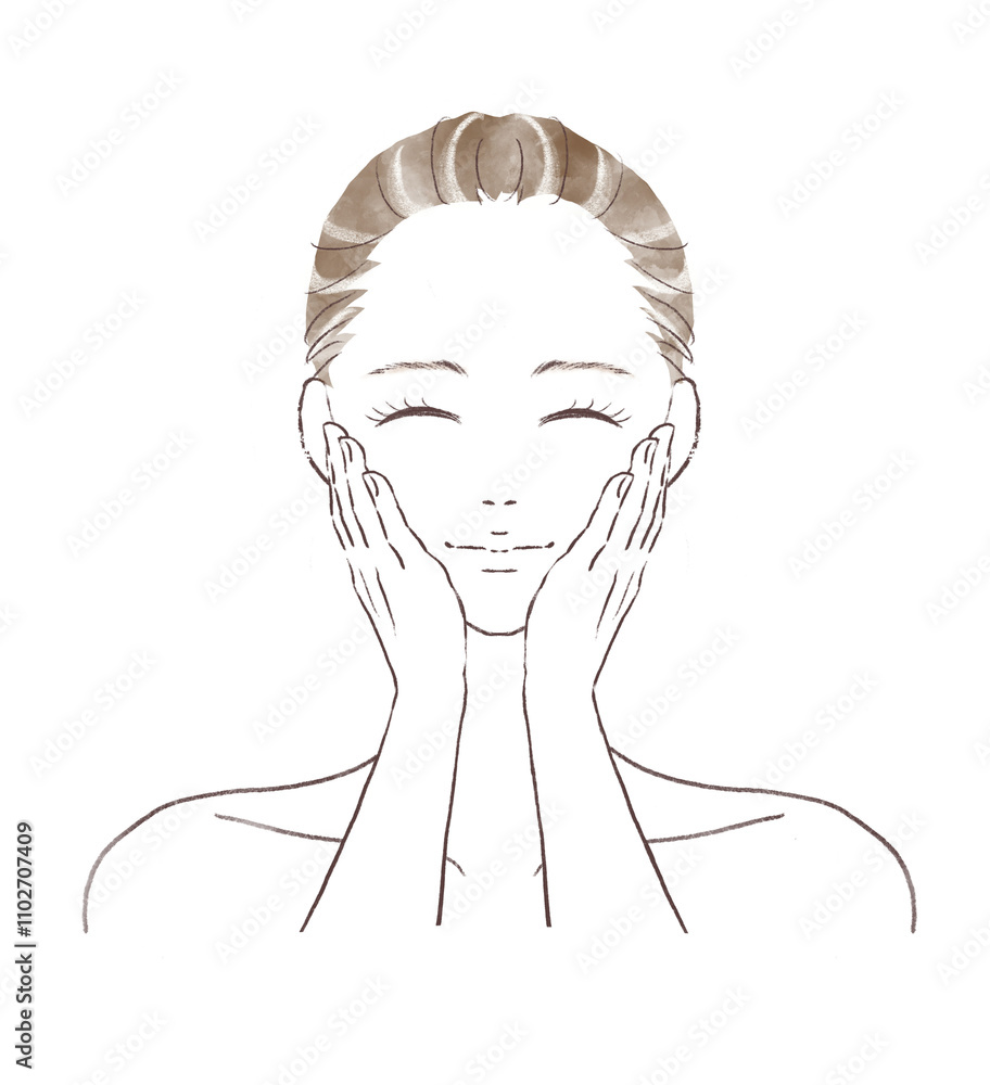 笑顔で頬に両手を当てている水彩風女性のイラスト