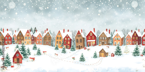 Winter city scene, Christmas village banner or greeting card, New year background