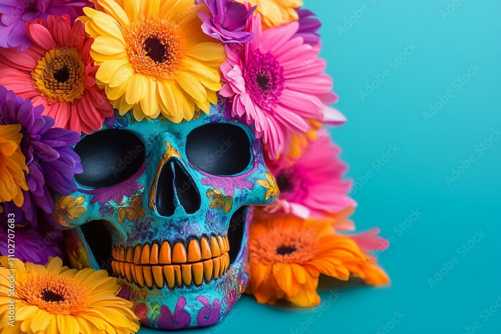 Festive allure in a design-a skull decorated with vibrant flowers Festive allure in a design-a skull decorated with vibrant flowers