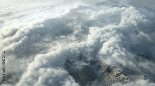 An aerial view of clouds forming a thick, white blanket over the landscape below.