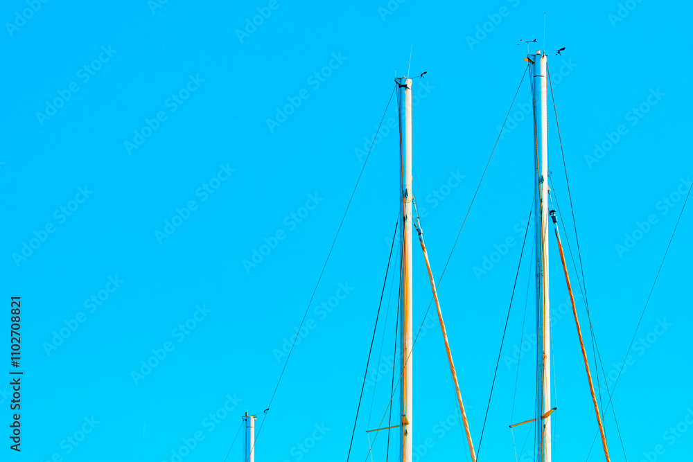Upper parts of sailboat masts against a clear blue sky. Masts are equipped with various rigging lines and small devices at their tops, creating a visually scene due to the contrast with vibrant sky Upper parts of sailboat masts against a clear blue sky. Masts are equipped with various rigging lines and small devices at their tops, creating a visually scene due to the contrast with vibrant sky