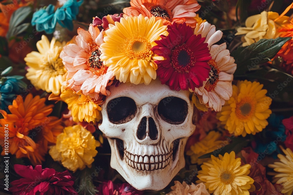 Festive allure in a design-a skull decorated with vibrant flowers Festive allure in a design-a skull decorated with vibrant flowers