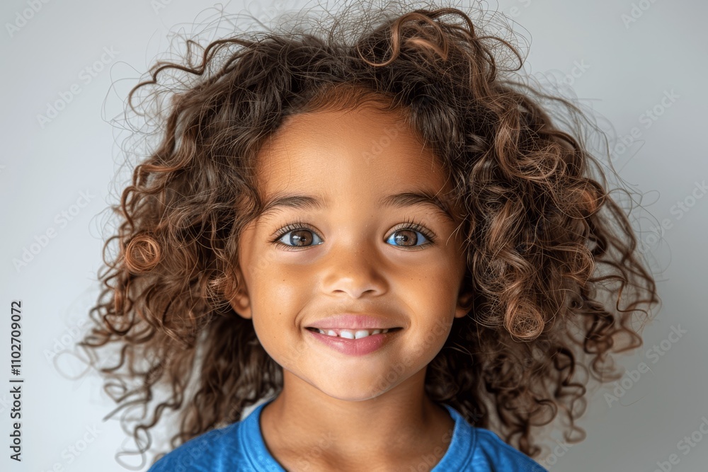 happy mixed race girl laughing with curly hair in blue shirt on white background happy mixed race girl laughing with curly hair in blue shirt on white background