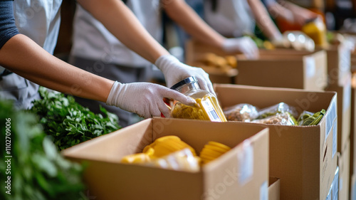 Volunteers pack food items at a community food pantry during a busy distribution event