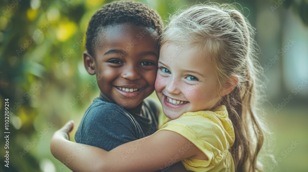 Fototapeta premium Children engaging in kind behaviors, such as sharing and helping each other