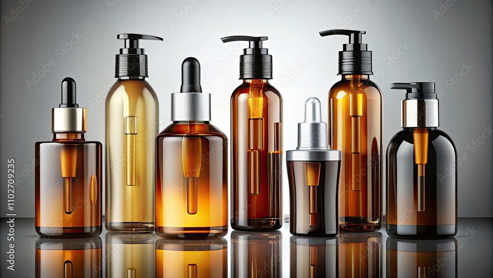 Realistic Glossy Skincare Bottles Mockup: Shampoo, Soap, Cream, Oil Dropper & Spray Bottles with Black Caps Realistic Glossy Skincare Bottles Mockup: Shampoo, Soap, Cream, Oil Dropper & Spray Bottles with Black Caps