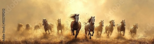 A herd of wild horses galloping across a plain, kicking up dust