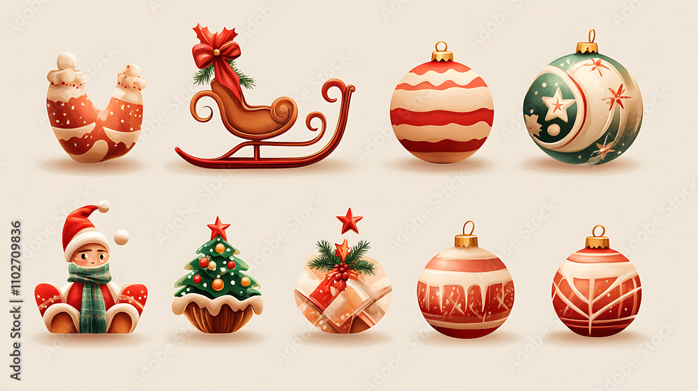 Obraz premium A festive 3D watercolor Christmas icon set of 15 designs, featuring a decorated sleigh, a winter scarf, and sparkling stars, with bold colors and whimsical details. 