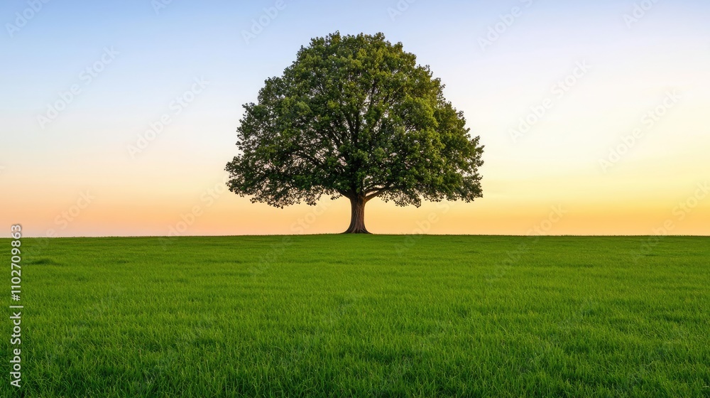 A solitary tree standing in a lush green field during sunset. A solitary tree standing in a lush green field during sunset.