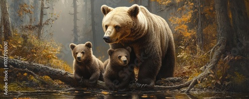 A mother bear and her cubs in a forest, exploring their natural habitat photo